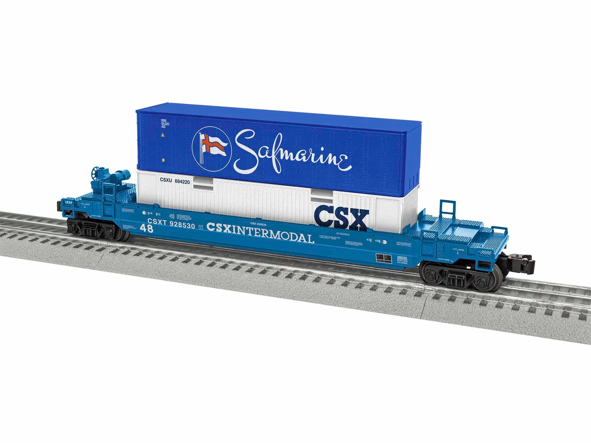 Lionel 1928530 O Gauge Maxi-Stack Well Car With Containers CSX 928530 - NOS 1 Lionel 1928530 O Gauge Maxi-Stack Well Car With Containers CSX 928530 - NOS